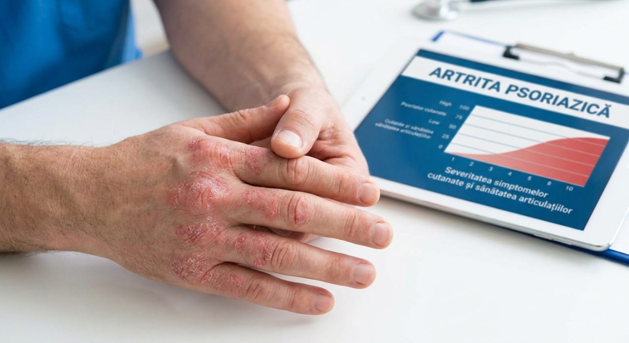 Femeie cu psoriazis articular, prezentând leziuni cutanate și articulații inflamate.