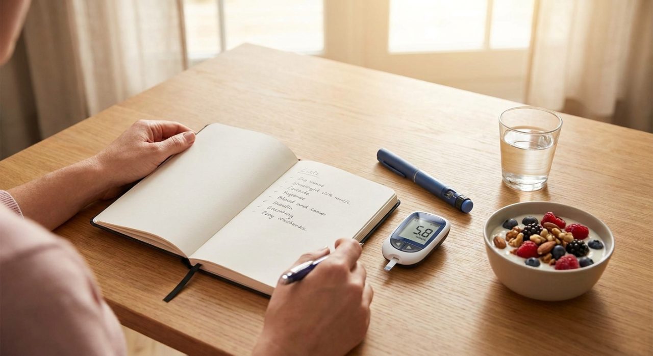 Femeie diabetică tip 1 care își verifică glicemia cu dispozitiv medical, înconjurată de un mediu calm.