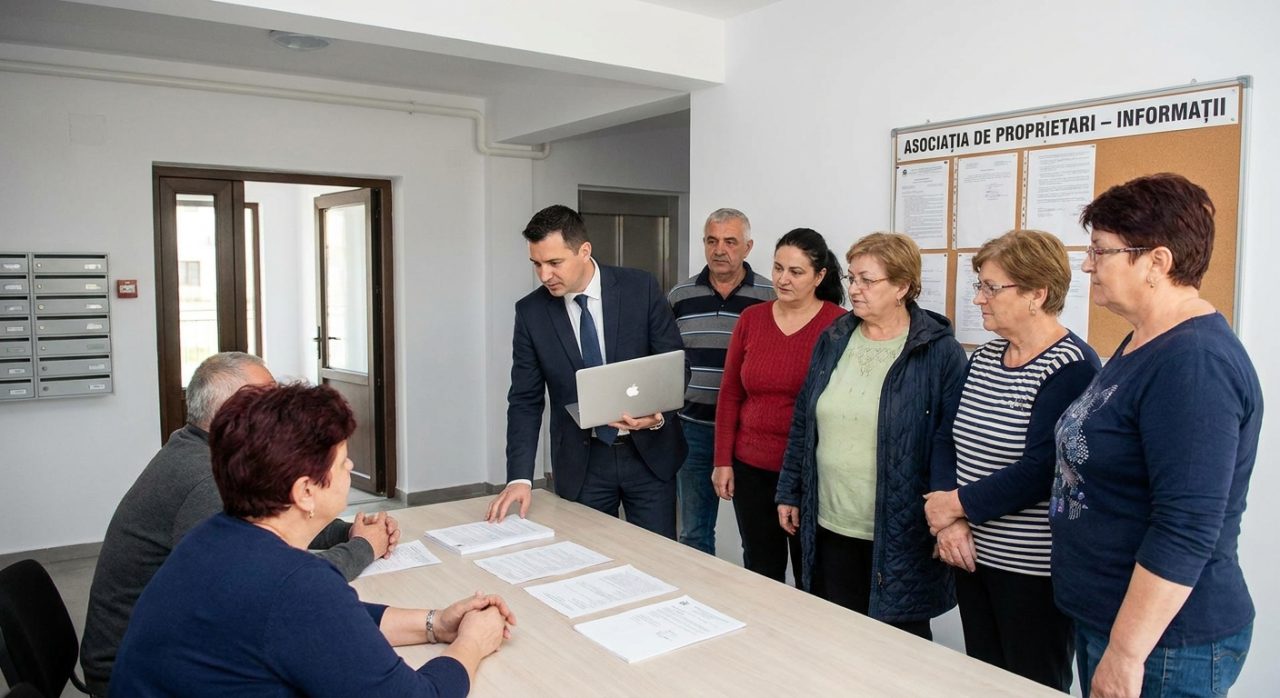 Bloc locuințe cu scară și căsuțe poștale, sugerând administrarea clădirii.