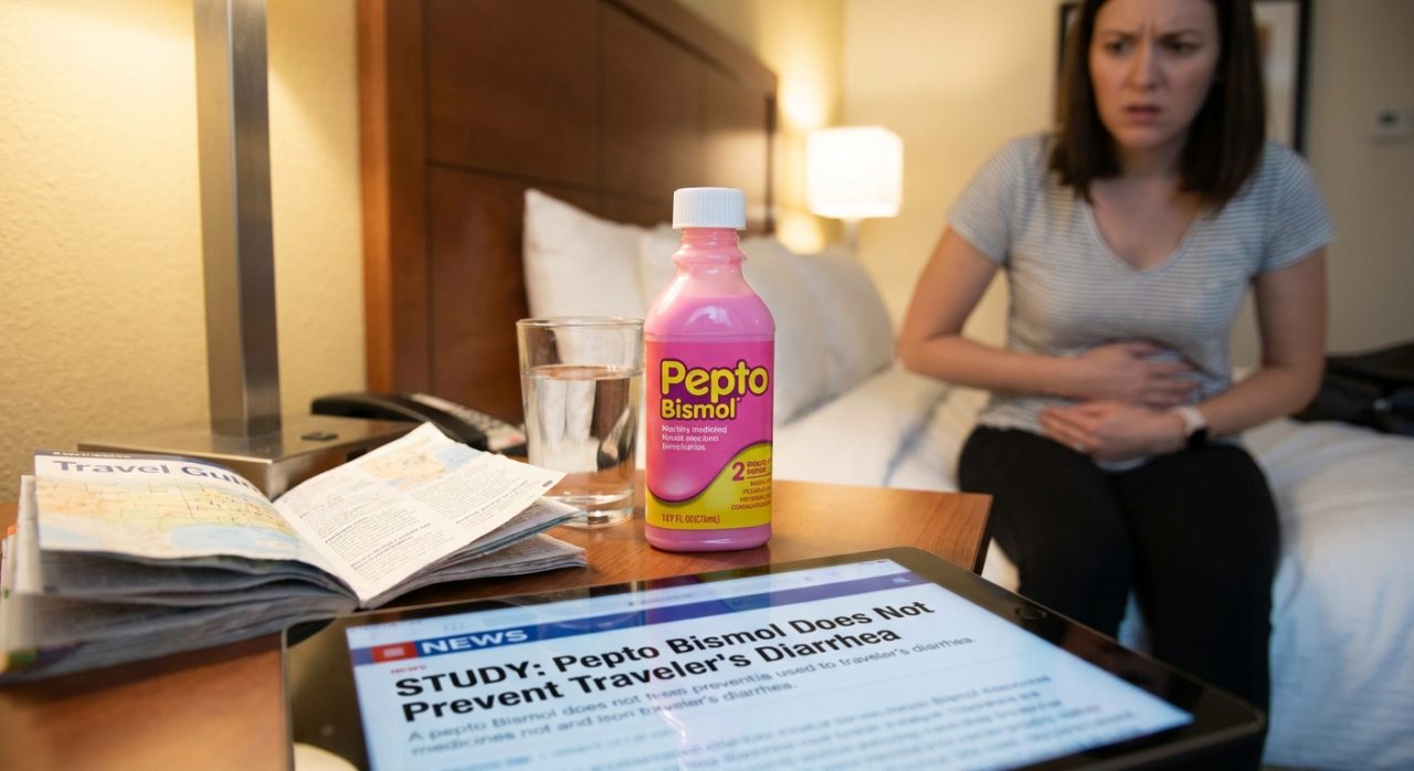 Illustration of Pepto Bismol nu previne diareea călătorului, conform unui nou studiu.